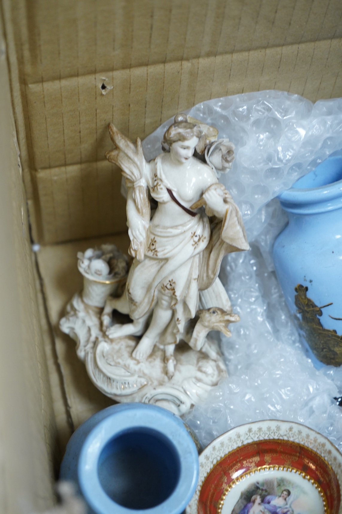 A collection of mixed ceramics including a Dresden figure and cabinet cups and saucers